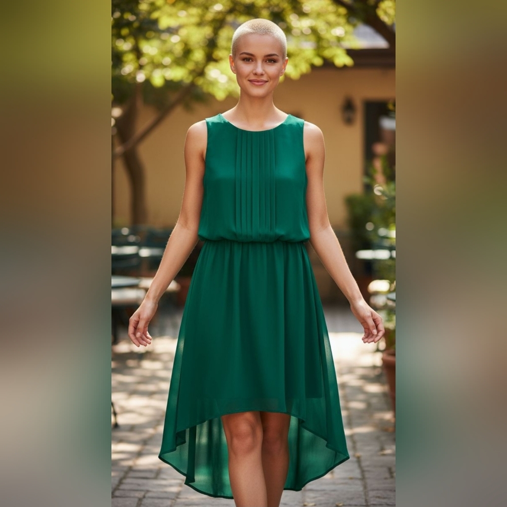 Bisou Bisou Green Sleeveless Dress, Lined, Pleated Bodice, Elastic Waist, Sz 14